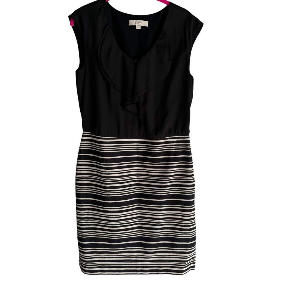 ANN TAYLOR LOFT Black Cream Striped Short Sleeve Dress,‎ 8